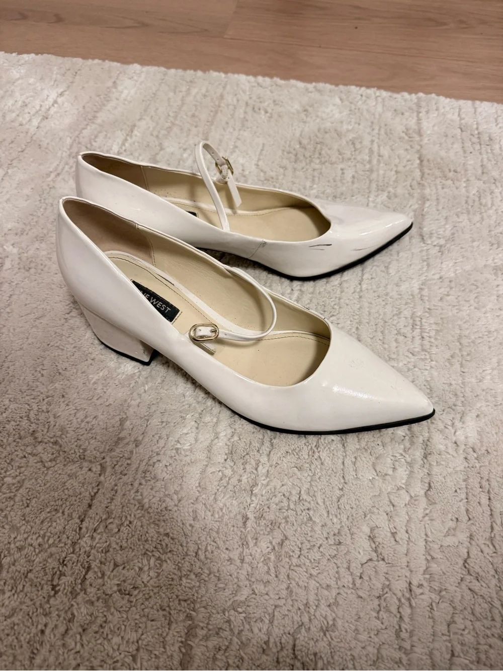 Nine West White Pointed Mary Jane Pumps with Low Block Heel